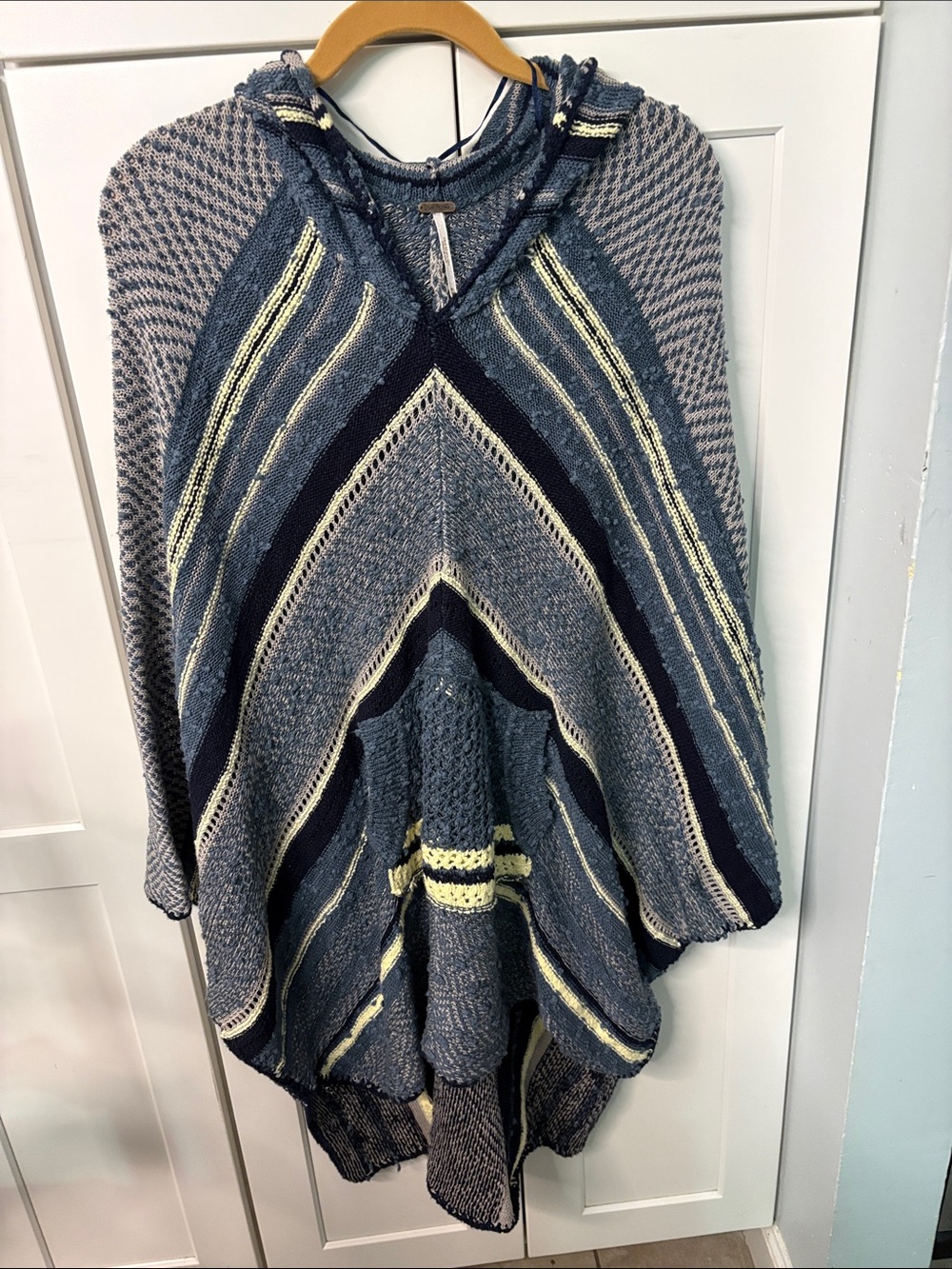 Free People Rising Tides Hooded Poncho Sweater Size M/L Boho Blue Stripe